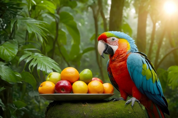 Vibrant Rainforest Sunset Colorful Parrot Savoring Fruits in Golden Glow AI Generated