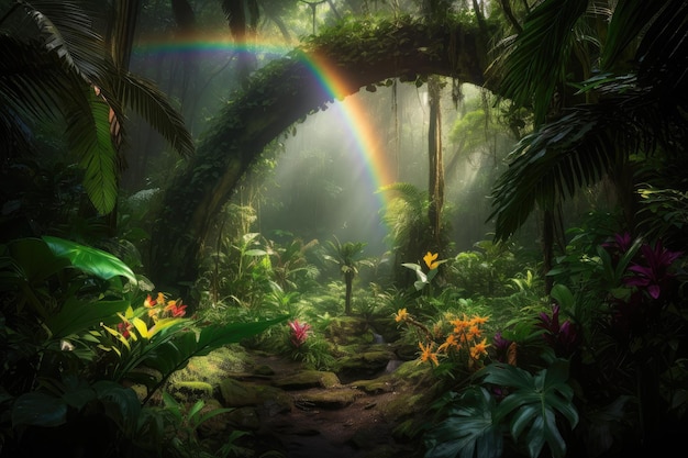 Vibrant rainforest with rainbows after rain generative IA