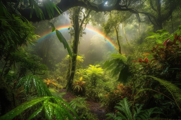 Vibrant rainforest with rainbows after rain generative IA