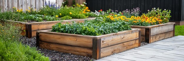 Photo a vibrant raised garden bed overflowing with fresh greens and colorful flowers it symbolizes a