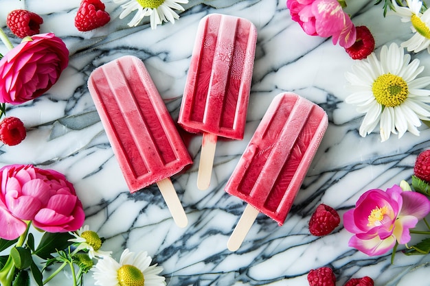 Photo vibrant raspberry ice pops arranged on marble background surrounded by fresh berries and flowers