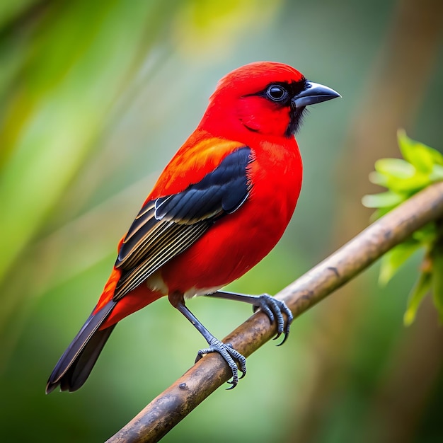 A vibrant rd bird with black beak and feathers in the forestAI generator