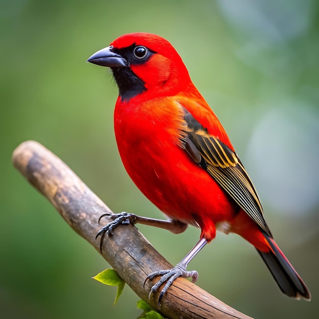 A vibrant rd bird with black beak and feathers in the forestAI generator