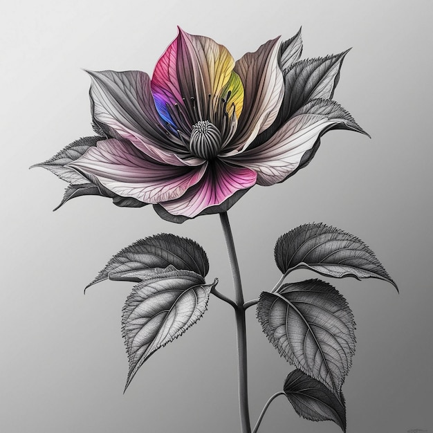 Photo vibrant and realistic black white and colorful flower drawing with detailed leaves in 16k and 8k