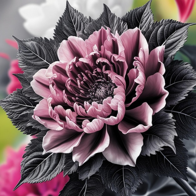 Photo vibrant and realistic black white and colorful flower drawing with detailed leaves in 16k and 8k