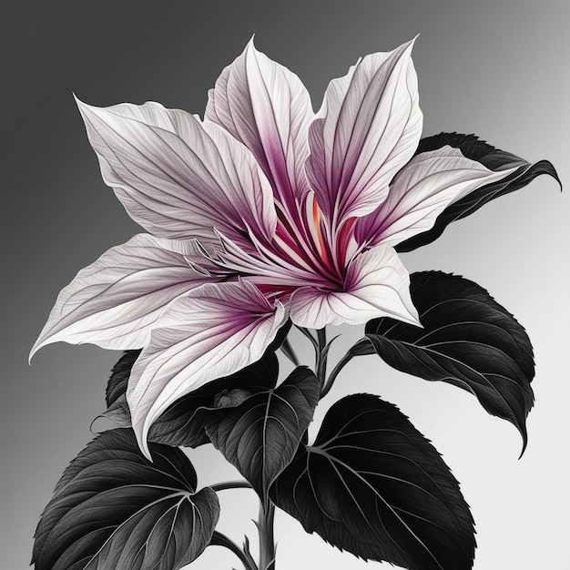 Vibrant and Realistic Black White and Colorful Flower Drawing with Detailed Leaves in 16k and 8k