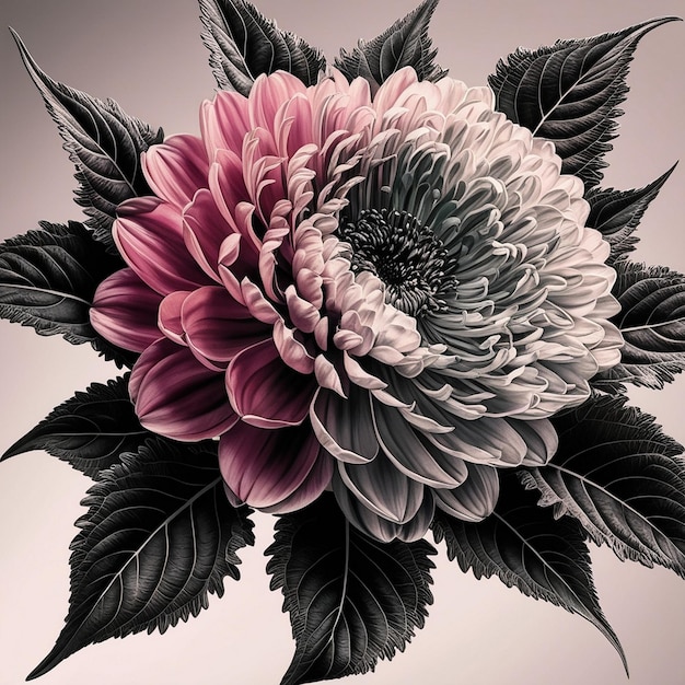 Photo vibrant and realistic black white and colorful flower drawing with detailed leaves in 16k and 8k