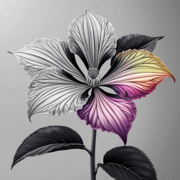 Photo vibrant and realistic black white and colorful flower drawing with detailed leaves in 16k and 8k