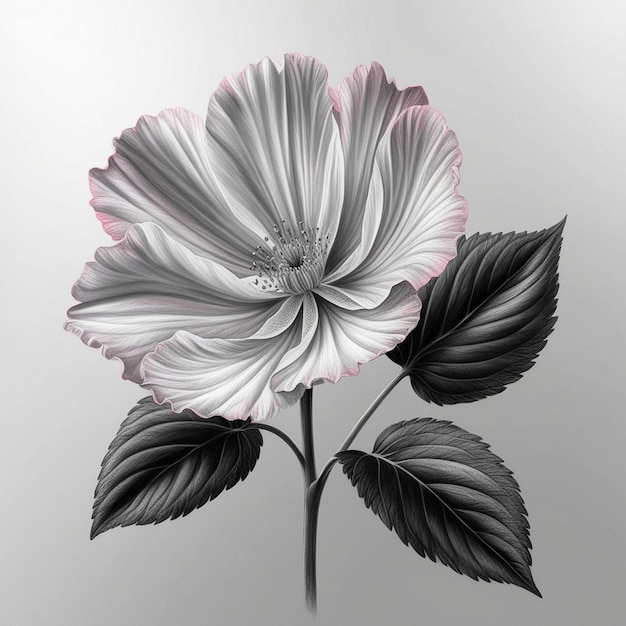 Photo vibrant and realistic black white and colorful flower drawing with detailed leaves in 16k and 8k