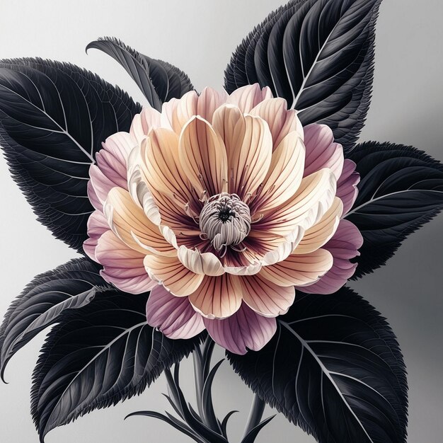 Photo vibrant and realistic black white and colorful flower drawing with detailed leaves in 16k and 8k