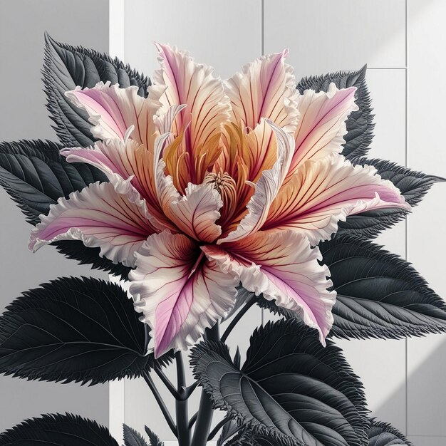 Photo vibrant and realistic black white and colorful flower drawing with detailed leaves in 16k and 8k