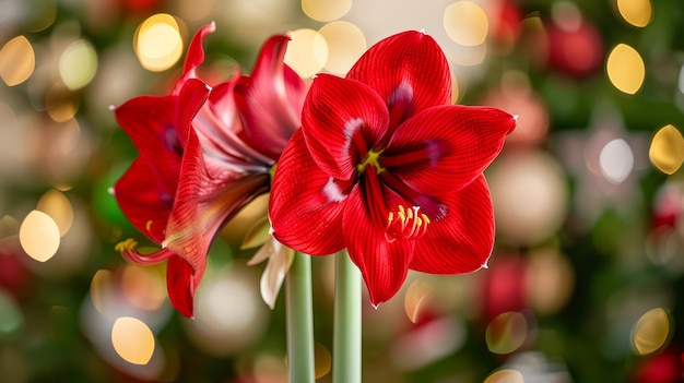 Vibrant Red Amaryllis Flowers Blooming with Festive Bokeh Lights Background for Holiday Decoration