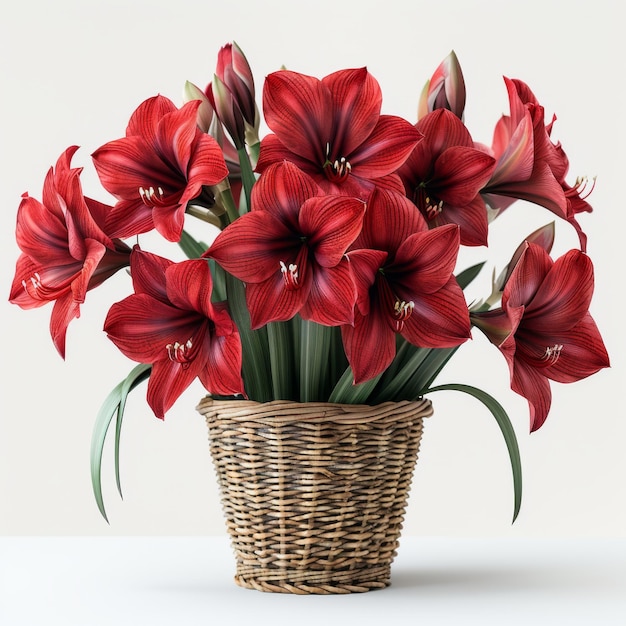 Vibrant Red Amaryllis Flowers in Woven Basket