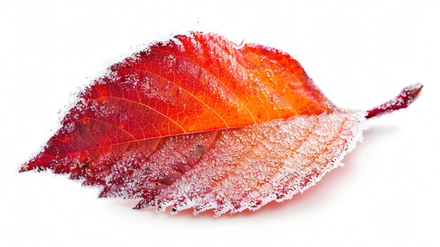 Photo vibrant red autumn leaf covered in frost on white background