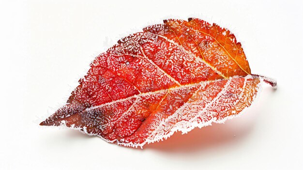 Photo vibrant red autumn leaf covered in frost on white background