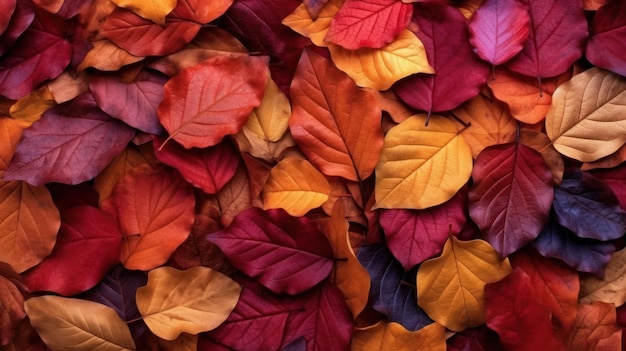 Vibrant red autumn leaves in close up detail texture fall background