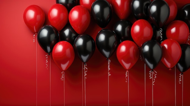 Vibrant Red and Black Balloons Against Bold Red Backdrop