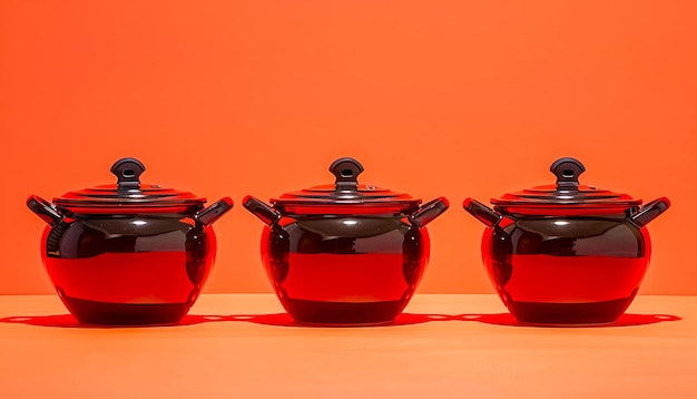 Photo vibrant red and black ceramic pots with lids on orange background for modern kitchenware theme