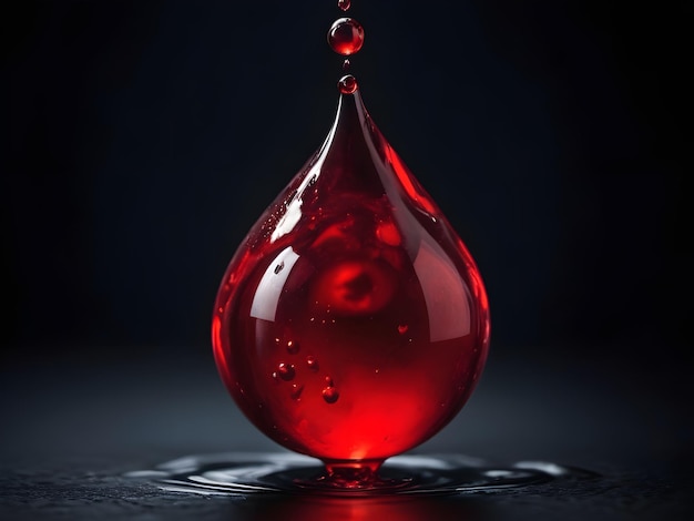 Vibrant red blood drop on the dark background creating a vivid image of lifes essential fluid