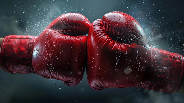 Vibrant red boxing gloves in close up punching motion on dark background realistic image