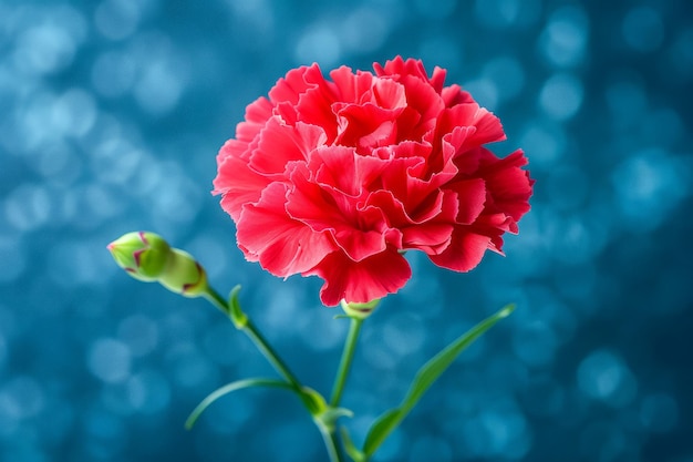 Vibrant Red Carnation Flower in Full Bloom Against a Beautiful Blue Bokeh Background Perfect for