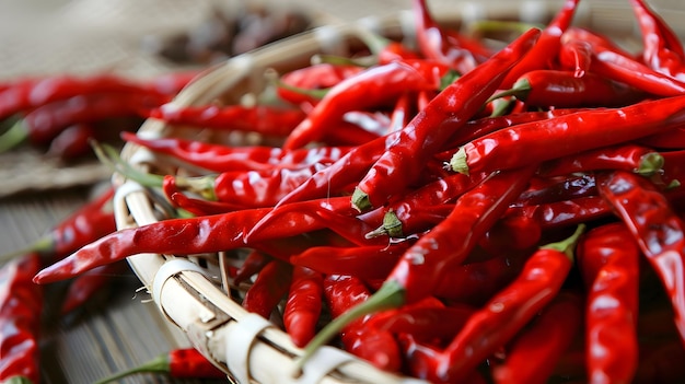 Vibrant red chili peppers in a woven basket highlighting freshness and spiciness