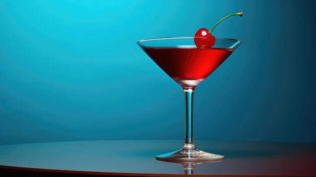 Vibrant Red Cocktail in a Martini Glass with a Cherry Garnish Set Against a Contrasting Blue Wall