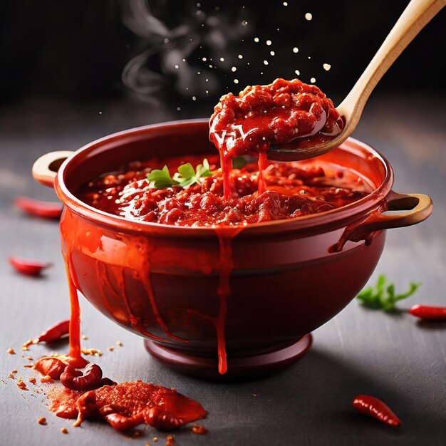 Photo the vibrant red color and glossy texture of the spicy sauce bowls ai generated