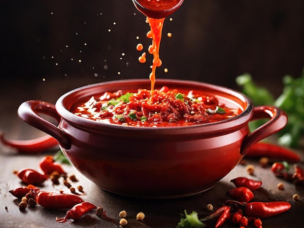 Photo the vibrant red color and glossy texture of the spicy sauce bowls ai generated