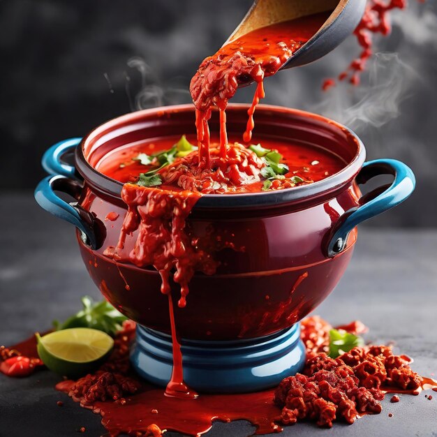 Photo the vibrant red color and glossy texture of the spicy sauce bowls ai generated