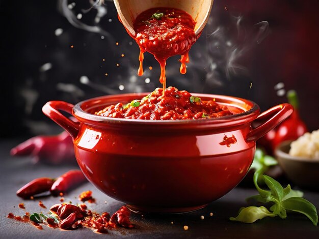 Photo the vibrant red color and glossy texture of the spicy sauce bowls ai generated