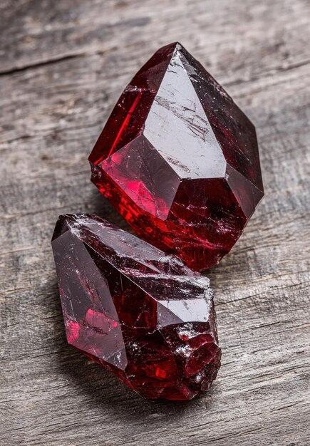 Photo vibrant red crystal gemstone on wooden surface