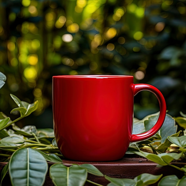 A vibrant red cup with a sturdy handle is poised against a backdrop of lush green leaves illuminate