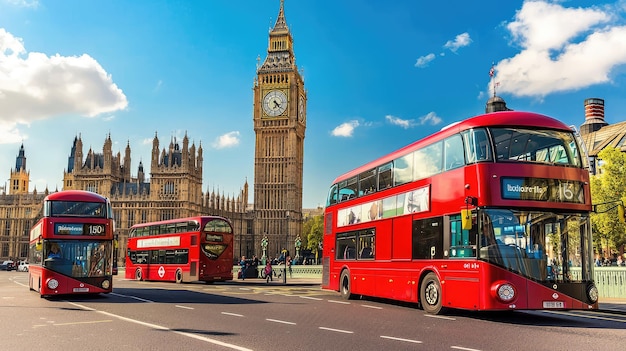 Vibrant red doubledecker buses pass by Big Ben in London showcasing iconic British architecture and city life