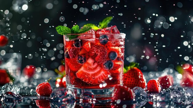 Vibrant red drink with slices of berries and refreshing ice cubes in a transparent glass