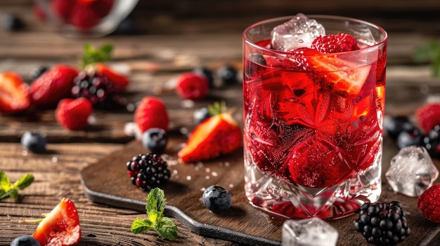 Vibrant red drink with slices of berries and refreshing ice cubes in a transparent glass