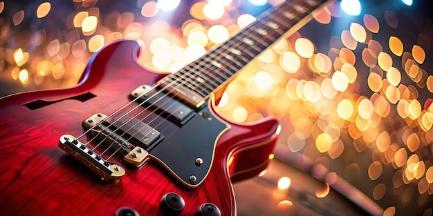 Vibrant Red Electric Guitar Closeup with Bokeh Light Background for Live Music Atmosphere