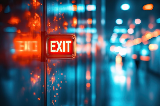 Photo vibrant red exit sign reflecting in modern corridor