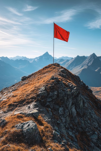 Photo a vibrant red flag stands atop a rocky mountain peak surrounded by vast mountain ranges