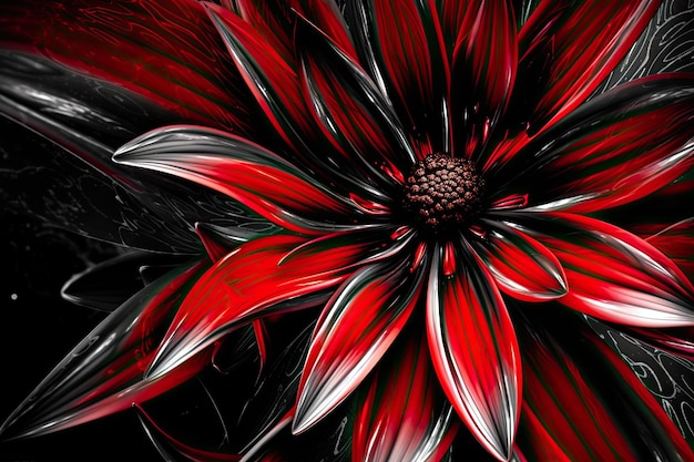 Vibrant red flower in macro view against a dark black background