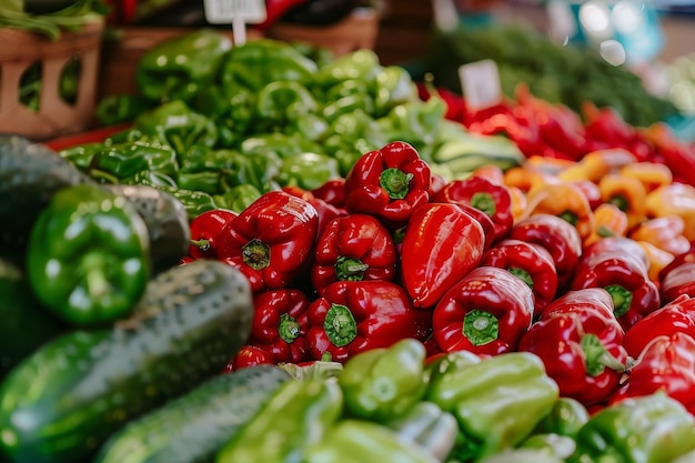 Vibrant Red and Green Bell Peppers and Cucumbers at a Market Stall