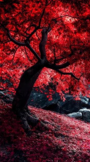 Vibrant red leaves of a Japanese Maple glow against a tranquil background in autumn