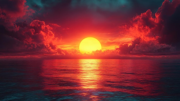 Photo a vibrant red and orange sunset over a calm ocean the sun is setting below the horizon casting a warm glow on the water