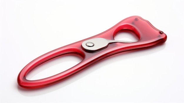 A vibrant red pair of scissors rests on a pristine white surface