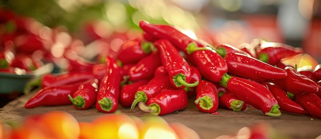 Vibrant red peppers pile on a market table their glossy sheen inviting thoughts of spice and fresh flavors