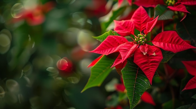 Photo vibrant red poinsettia flower with blurred green background