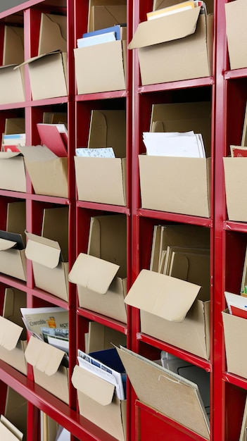 Photo a vibrant red post office shelf brimming with letters envelopes and stamps showcasing the beauty of everyday correspondence in a bustling community