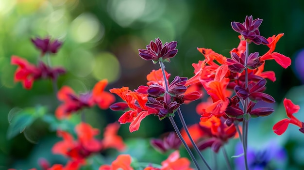 Vibrant Red and Purple Wildflowers Blooming in Lush Garden with Soft Natural Bokeh Background