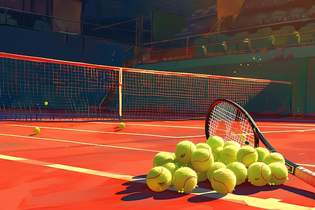 A Vibrant Red Tennis Court Bathed in Sunlight