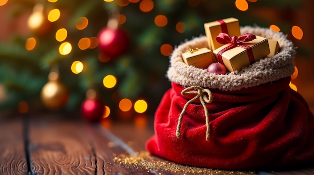 Photo a vibrant red velvet sack is filled with carefully wrapped presents adorned with ribbons positioned next to a glowing christmas tree filled with ornaments